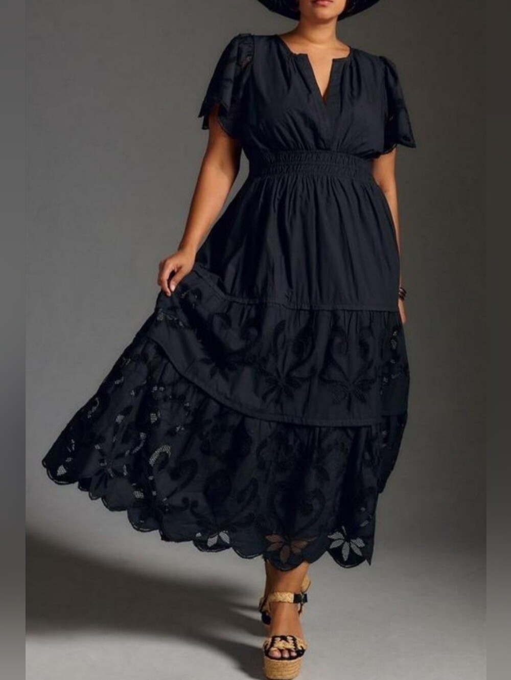 Anthropologie Maxi Black Dress With Cutwork Adition